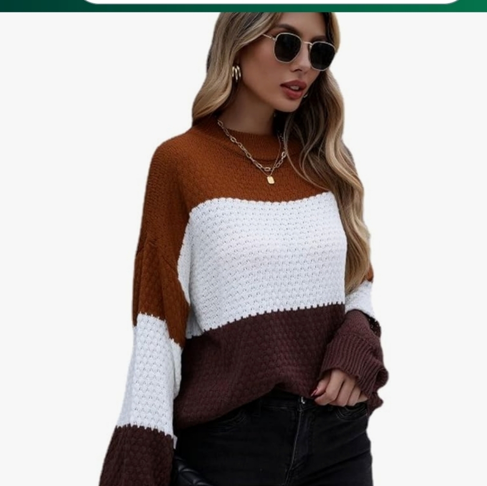 Gypsy Cloud Boho Waffle Knit Striped Turtleneck Sweater Cream / Rust / Chocolate